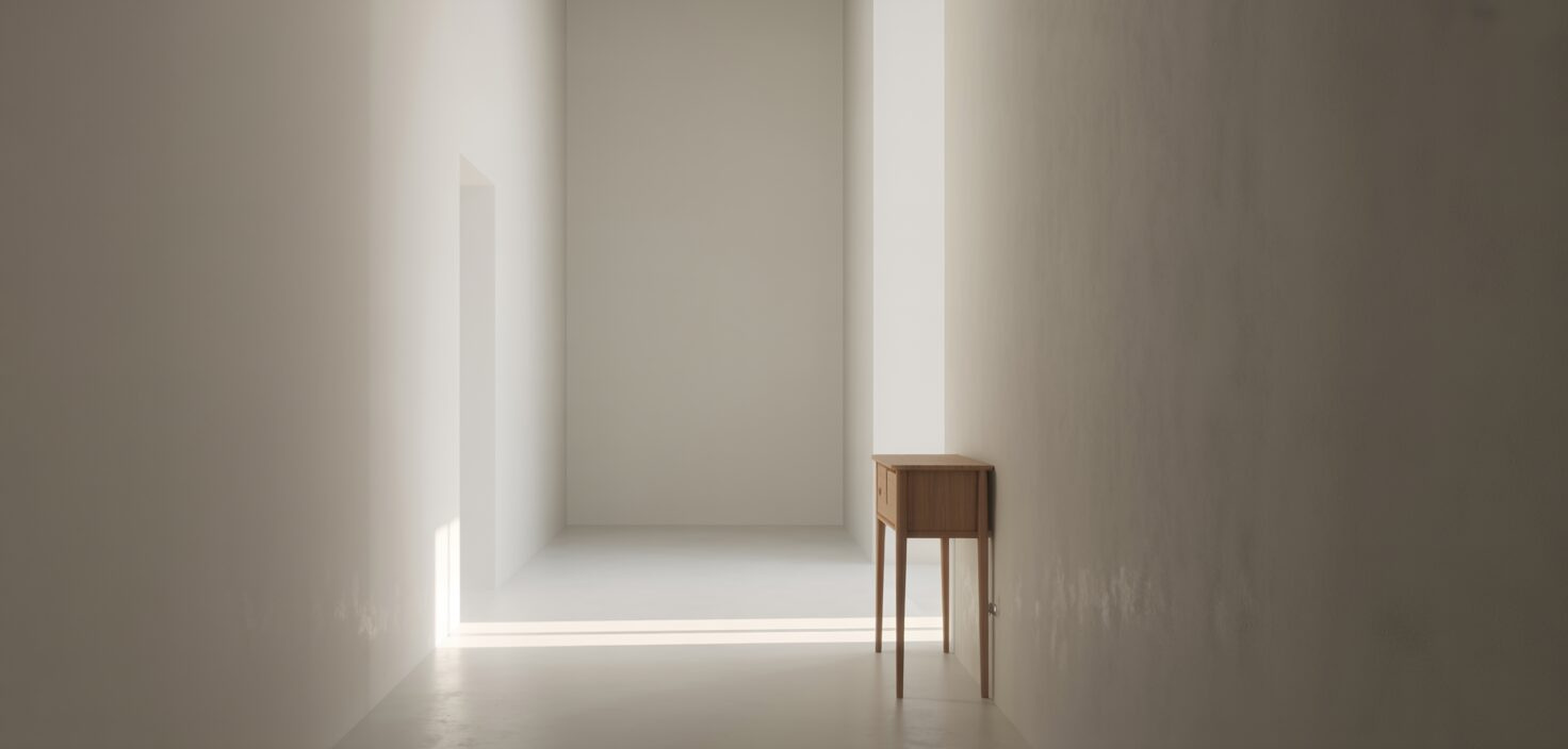 Ett fotorealistiskt foto av en ljus hall med vitmålade väggar och ett minimalistiskt träbord.