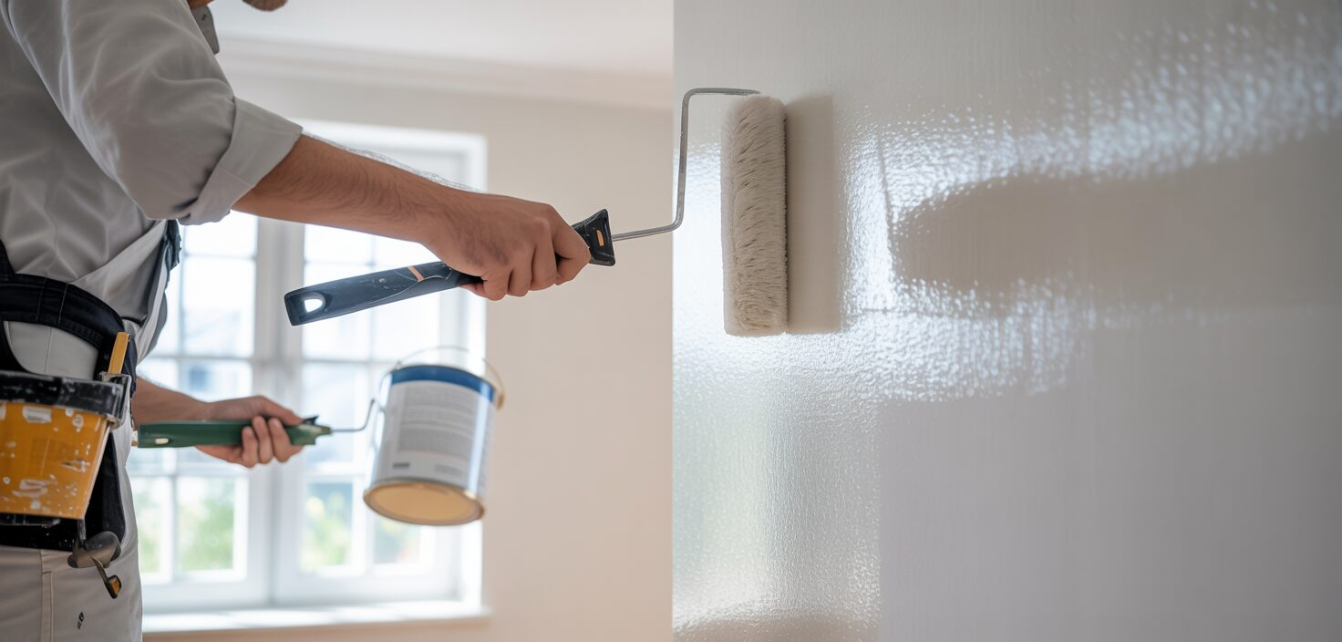 En professionell målare i arbete, med fokus på att måla en vägg i ett ljust rum. Återspeglar renovering och ROT-avdrag.