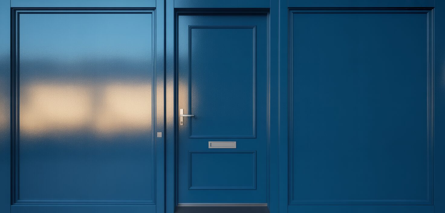 En närbild av en nymålad, marinblå ytterdörr med en glänsande yta i starkt solljus. Dörren är minimalistisk, med rena linjer och inga synliga detaljer utöver handtaget.