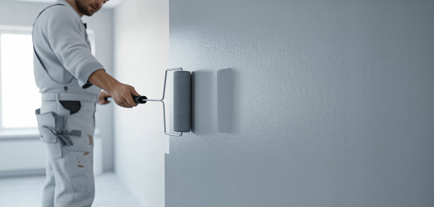 En professionell målare applicerar färg på en vägg i ett ljust rum. Fokus på hantverk och precision.