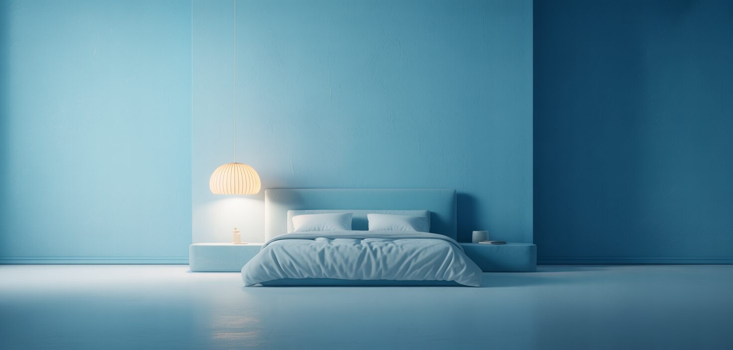 Ett minimalistiskt sovrum med blå väggar, en säng och en lampskärm, med fokus på lugn atmosfär.