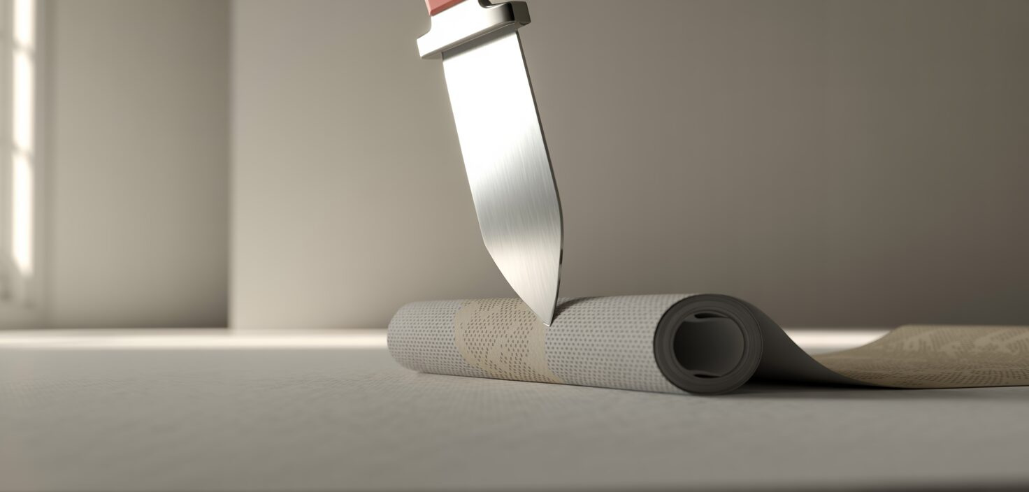 En närbild av en tapetkniv med ett vasst blad som skär igenom tapet. Fokuserad på detaljer och textur.