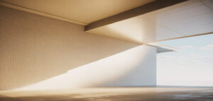 En fotorealistisk bild av en modern tegelfasad i solljus, minimalistisk design.