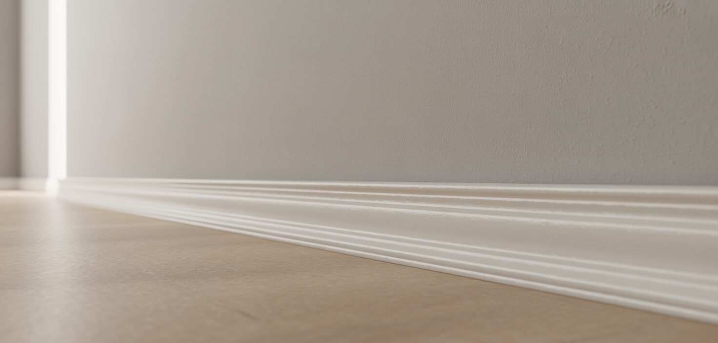 Fotorealistiskt foto av en vitmålad golvlist mot en ljus vägg med ett minimalistiskt, rent utseende.