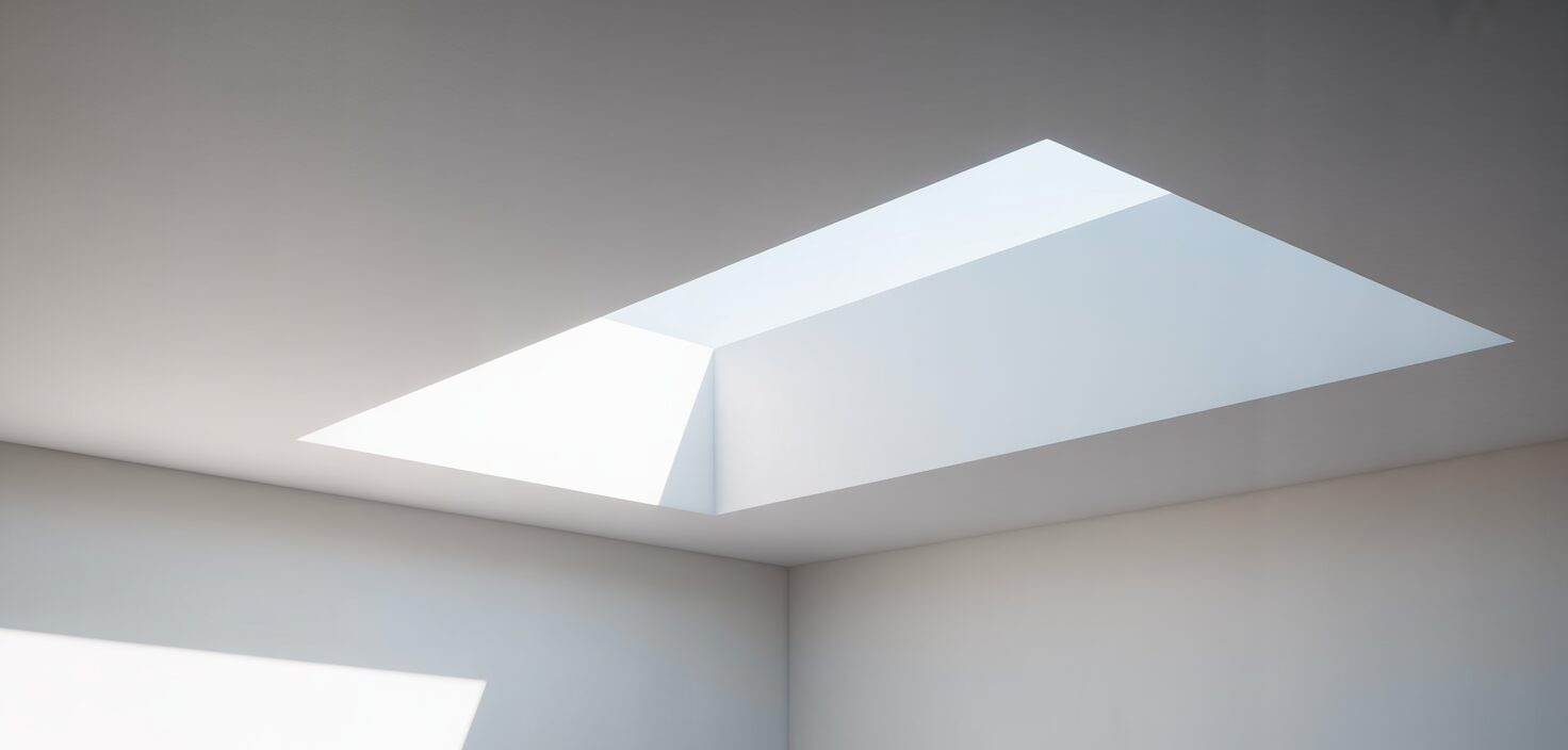 Ett photorealistiskt fotografi av ett slätt vitt tak, med solljus som faller ned i ett minimalistiskt rum.